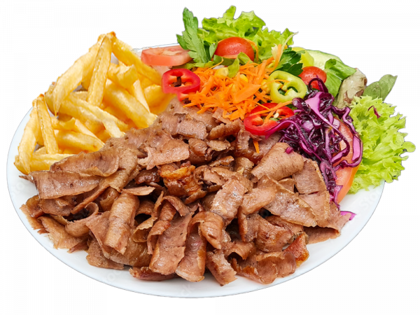 Döner Teller Spezial - mit Pommes, Käse überbacken, Salat, Sauce und Sauce Hollandaise